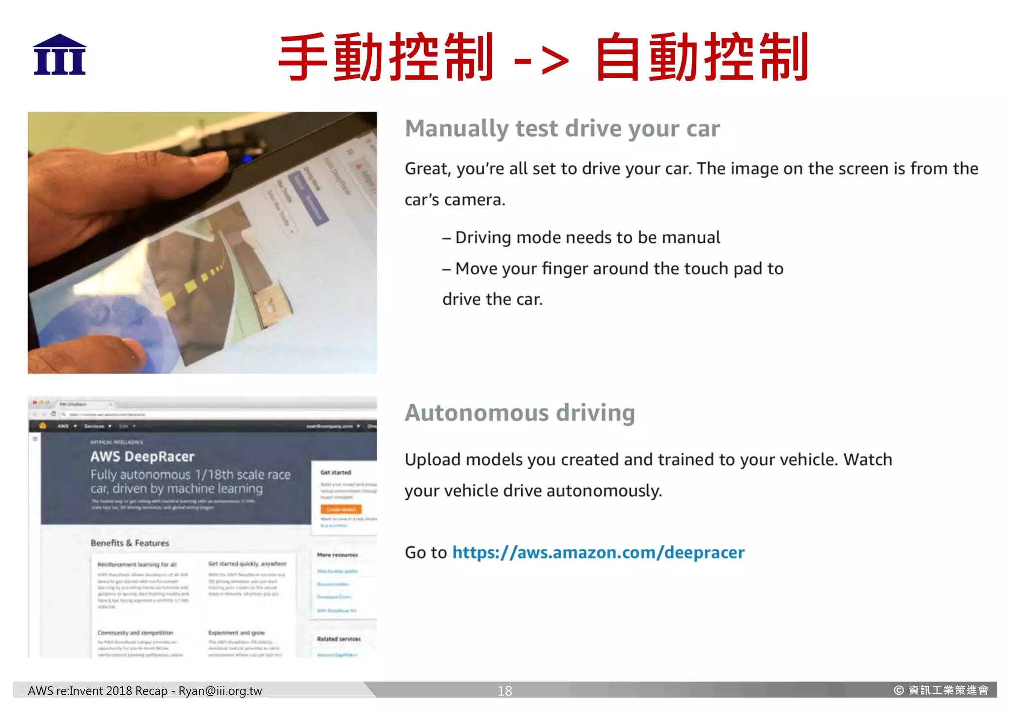 AWS re:Invent 2018 Recap - Ryan@iii.org.tw
手動控制 -> 自動控制
18
 