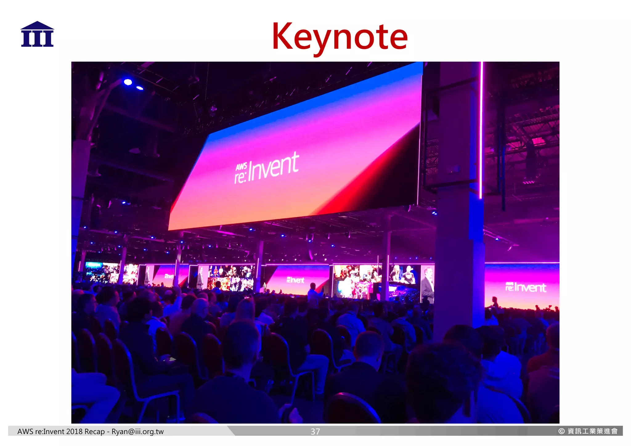 AWS re:Invent 2018 Recap - Ryan@iii.org.tw
Keynote
37
 