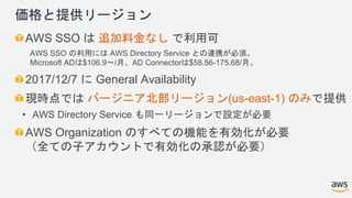 価格と提供リージョン
AWS SSO は 追加料金なし で利用可
　AWS SSO の利用には AWS Directory Service との連携が必須。
　Microsoft ADは$106.9〜/月、AD Connectorは$58.56-175.68/月。
2017/12/7 に General Availability
現時点では バージニア北部リージョン(us-east-1) のみで提供
• AWS Directory Service も同一リージョンで設定が必要
AWS Organization のすべての機能を有効化が必要
（全ての子アカウントで有効化の承認が必要）
 