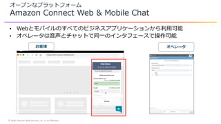 © 2020, Amazon Web Services, Inc. or its Affiliates.
オープンなプラットフォーム
Amazon Connect Web & Mobile Chat
お客様 オペレータ
• Webとモバイルのすべてのビジネスアプリケーションから利用可能
• オペレータは音声とチャットで同一のインタフェースで操作可能
 
