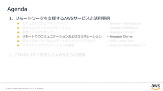 © 2020, Amazon Web Services, Inc. or its Affiliates.
1. リモートワークを支援するAWSサービスと活用事例
セキュアなクラウドデスクトップ – Amazon WorkSpaces
安全なコンテンツコラボレーション – Amazon WorkDocs
仮想コンタクトセンター – Amazon Connect
リモートでのコミュニケーションおよびコラボレーション – Amazon Chime
安全でスケーラブルなリモートネットワークアクセス – AWS Client VPN
デスクトップアプリケーションの配信 – Amazon AppStream 2.0
2. COVID-19に関連したAWSからの提案
Agenda
 