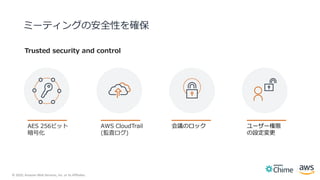 © 2020, Amazon Web Services, Inc. or its Affiliates.
ミーティングの安全性を確保
Trusted security and control
AES 256ビット
暗号化
AWS CloudTrail
(監査ログ)
会議のロック ユーザー権限
の設定変更
13
 
