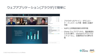 © 2020, Amazon Web Services, Inc. or its Affiliates.
ウェブアプリケーション(ブラウザ)で簡単に
· ブラウザへのアドイン・ダウンロー
ド・インストール不要…簡単に会議が
可能
· VoIPと公衆電話回線も利用可能
· Chime ウェブアプリから、電話番頭を
入力する事で、Chimeからアウトバウ
ンドコールし、会議参加させる事も可
能
18
 