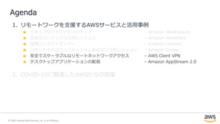 © 2020, Amazon Web Services, Inc. or its Affiliates.
1. リモートワークを支援するAWSサービスと活用事例
セキュアなクラウドデスクトップ – Amazon WorkSpaces
安全なコンテンツコラボレーション – Amazon WorkDocs
仮想コンタクトセンター – Amazon Connect
リモートでのコミュニケーションおよびコラボレーション – Amazon Chime
安全でスケーラブルなリモートネットワークアクセス – AWS Client VPN
デスクトップアプリケーションの配信 – Amazon AppStream 2.0
2. COVID-19に関連したAWSからの提案
Agenda
 