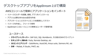 © 2020, Amazon Web Services, Inc. or its Affiliates.
AWSコンソールで簡単にアプリケーションをインポート
• イメージビルダーを起動, 接続, アプリをインストール
• アプリと必要なWindows設定を作成
• アプリケーションエクスペリエンスを最適化してテスト
• イメージを作成し、フリートで使用
• AppStream 2.0エージェントの更新はユーザーで管理可能
ユースケース
• クライアント/サーバー: SAP GUI, SQL WorkBench, その他のDWHクライアント
• セキュリティ/踏み台: Putty, Remote Desktop, etc
• 3Dエンジニアリング – SolidWorks, AutoCAD, Ansys suite, Siemens NX, etc
• 分析 – Matlab, R Studio, PHET, etc
デスクトップアプリをAppStream 2.0で構築
 