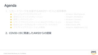 © 2020, Amazon Web Services, Inc. or its Affiliates.
1. リモートワークを支援するAWSサービスと活用事例
セキュアなクラウドデスクトップ – Amazon WorkSpaces
安全なコンテンツコラボレーション – Amazon WorkDocs
仮想コンタクトセンター – Amazon Connect
リモートでのコミュニケーションおよびコラボレーション – Amazon Chime
安全でスケーラブルなリモートネットワークアクセス – AWS Client VPN
デスクトップアプリケーションの配信 – Amazon AppStream 2.0
2. COVID-19に関連したAWSからの提案
Agenda
 