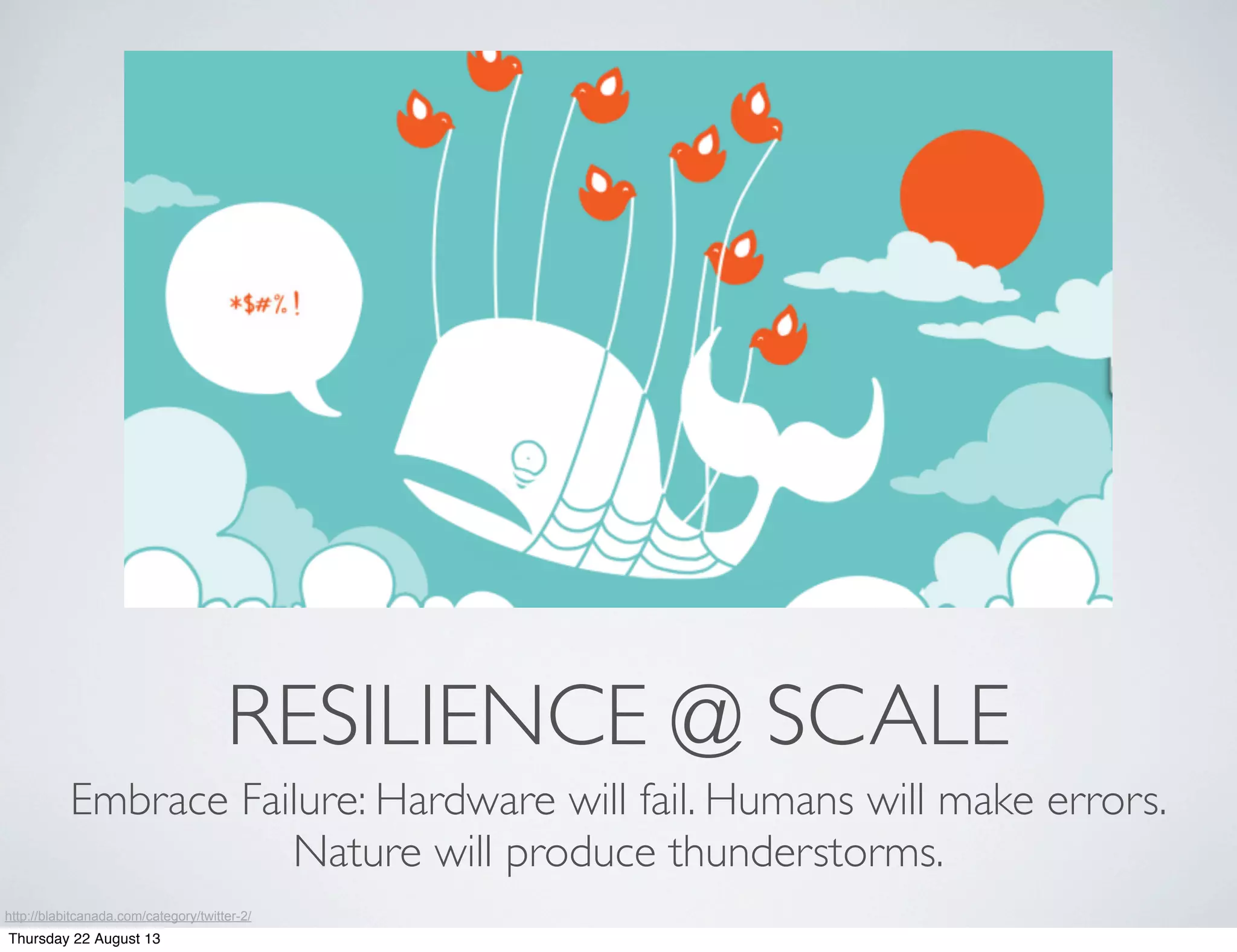 RESILIENCE @ SCALE
Embrace Failure: Hardware will fail. Humans will make errors.
Nature will produce thunderstorms.
http://blabitcanada.com/category/twitter-2/
Thursday 22 August 13
 