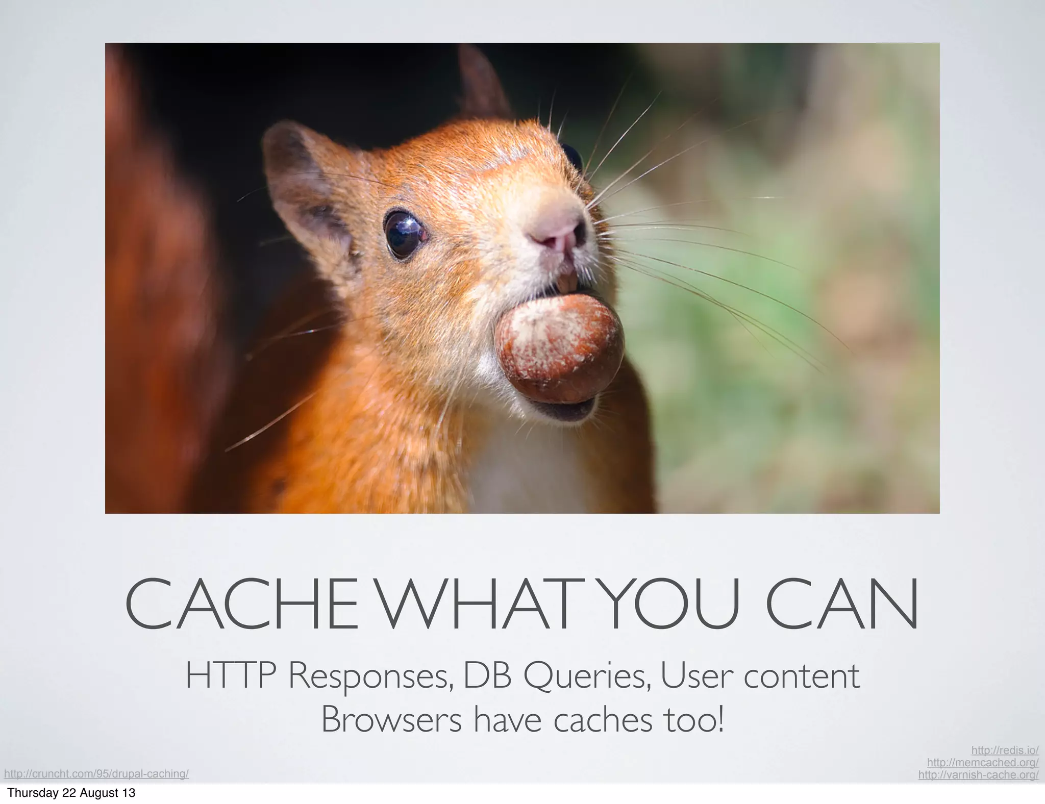 CACHE WHATYOU CAN
HTTP Responses, DB Queries, User content
Browsers have caches too!
http://cruncht.com/95/drupal-caching/
http://redis.io/
http://memcached.org/
http://varnish-cache.org/
Thursday 22 August 13
 