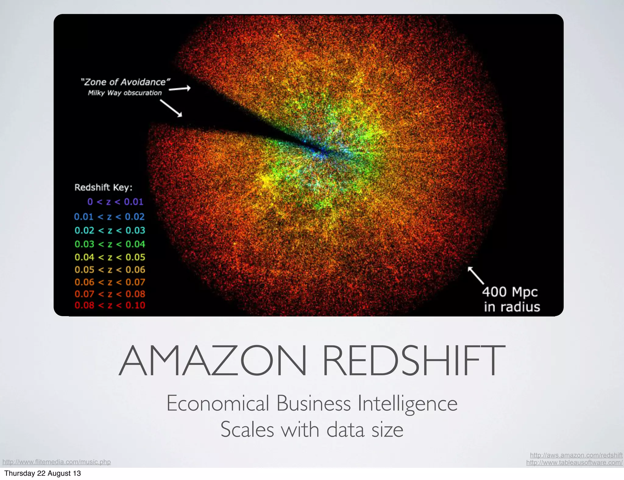 AMAZON REDSHIFT
Economical Business Intelligence
Scales with data size
http://www.flitemedia.com/music.php
http://aws.amazon.com/redshift
http://www.tableausoftware.com/
Thursday 22 August 13
 