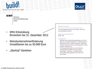 • KMU Entwicklung
          Einreichen bis 31. Dezember 2012

        • Kleinstunternehmerförderung
          Investitionen bis zu 50.000 Euro

        • „StartUp“-Darlehen




© build! Gründerzentrum Kärnten GmbH
 