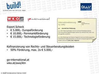 Internationalisierung
                                               für KMU
        Export.Scheck
        • € 5.000,- Europaförderung
        • € 10.000,- Fernmarktförderung
        • € 15.000,- Technologieförderung


        Kofinanzierung von Rechts- und Steuerberatungskosten
        • 50% Förderung, max. 2x € 5.000,-


        go-international.at
        wko.at/awo/ktn


© build! Gründerzentrum Kärnten GmbH
 