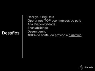 RecSys + Big Data
              Operar nos TOP ecommerces do país
              Alta Disponibilidade
              Escalabilidade
              Desempenho
Desafios      100% do conteúdo provido é dinâmico




 10/25/2011
 
