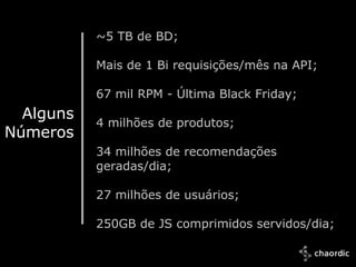 ~5 TB de BD;

              Mais de 1 Bi requisições/mês na API;

              67 mil RPM - Última Black Friday;
  Alguns
              4 milhões de produtos;
Números
              34 milhões de recomendações
              geradas/dia;

              27 milhões de usuários;

              250GB de JS comprimidos servidos/dia;

 10/25/2011
 