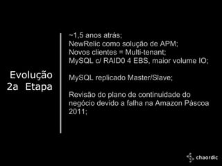 ~1,5 anos atrás;
              NewRelic como solução de APM;
              Novos clientes = Multi-tenant;
              MySQL c/ RAID0 4 EBS, maior volume IO;

 Evolução     MySQL replicado Master/Slave;
2a Etapa
              Revisão do plano de continuidade do
              negócio devido a falha na Amazon Páscoa
              2011;




 10/25/2011
 