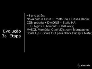 ~1 ano atrás;
              Nova.com = Extra + PontoFrio + Casas Bahia;
              CDN própria + DynDNS = Static HA;
              ELB, Nginx + Tomcat6 + HAProxy;
              MySQL Memória, CacheDist com Memcache;
 Evolução     Scale Up + Scale Out para Black Friday e Natal;
3a Etapa




 10/25/2011
 