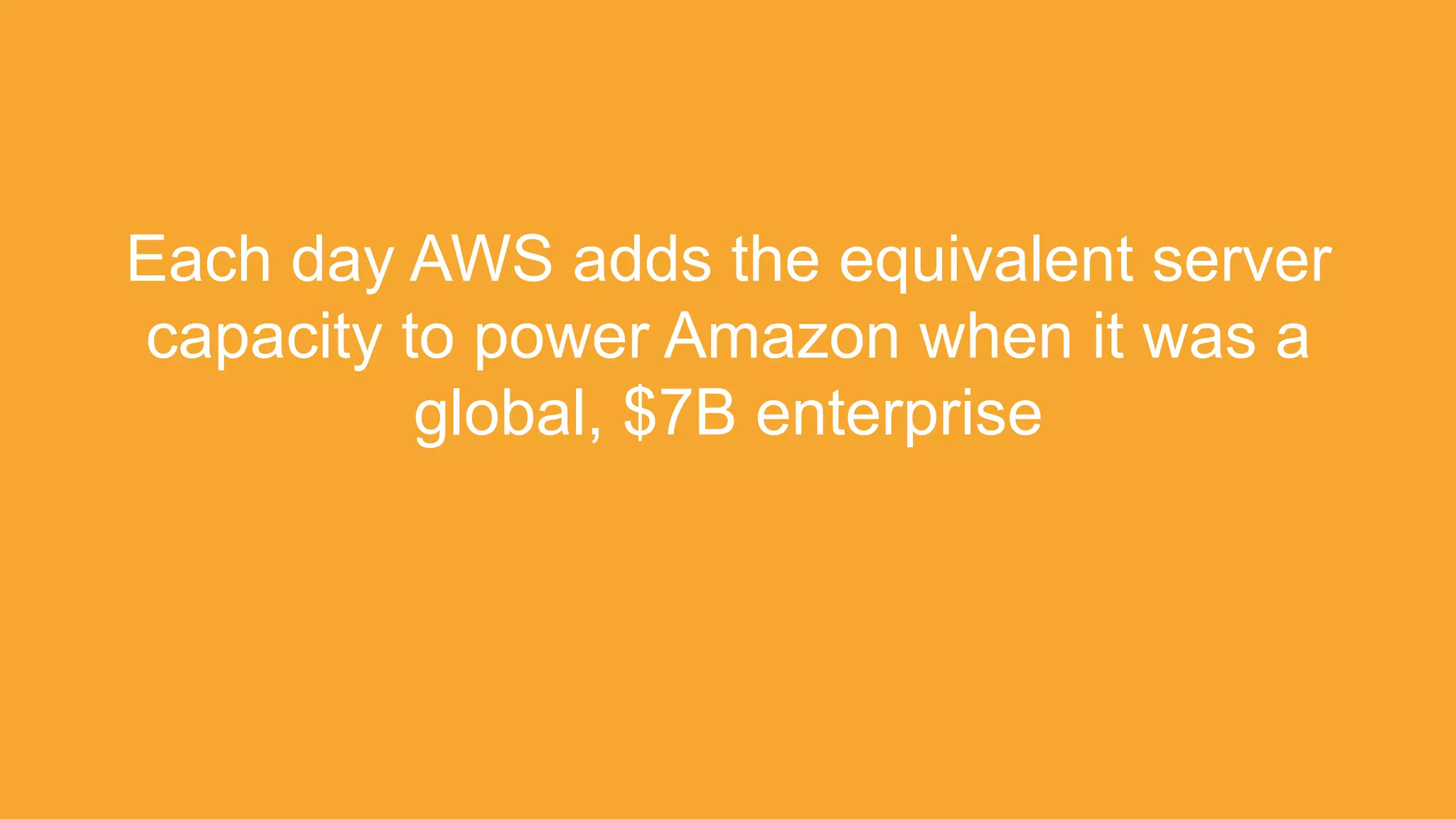 Each day AWS adds the equivalent server
capacity to power Amazon when it was a
global, $7B enterprise
 