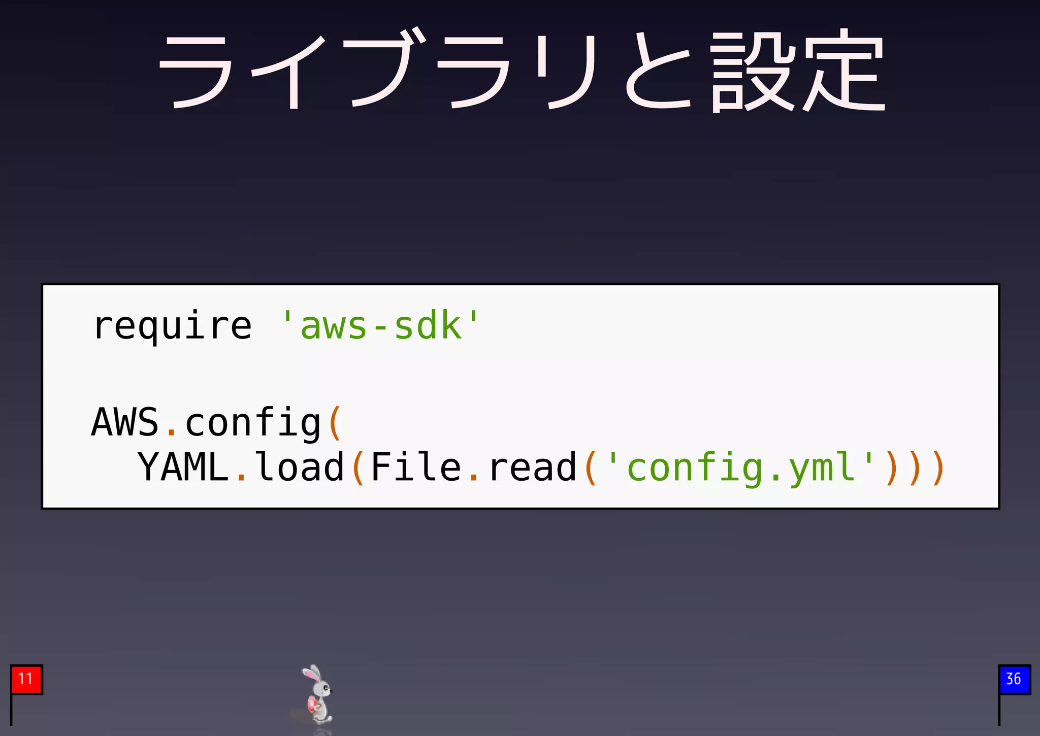 ライブラリと設定

     require 'aws-sdk'

     AWS.config(
       YAML.load(File.read('config.yml')))

     　
11                                           36
 