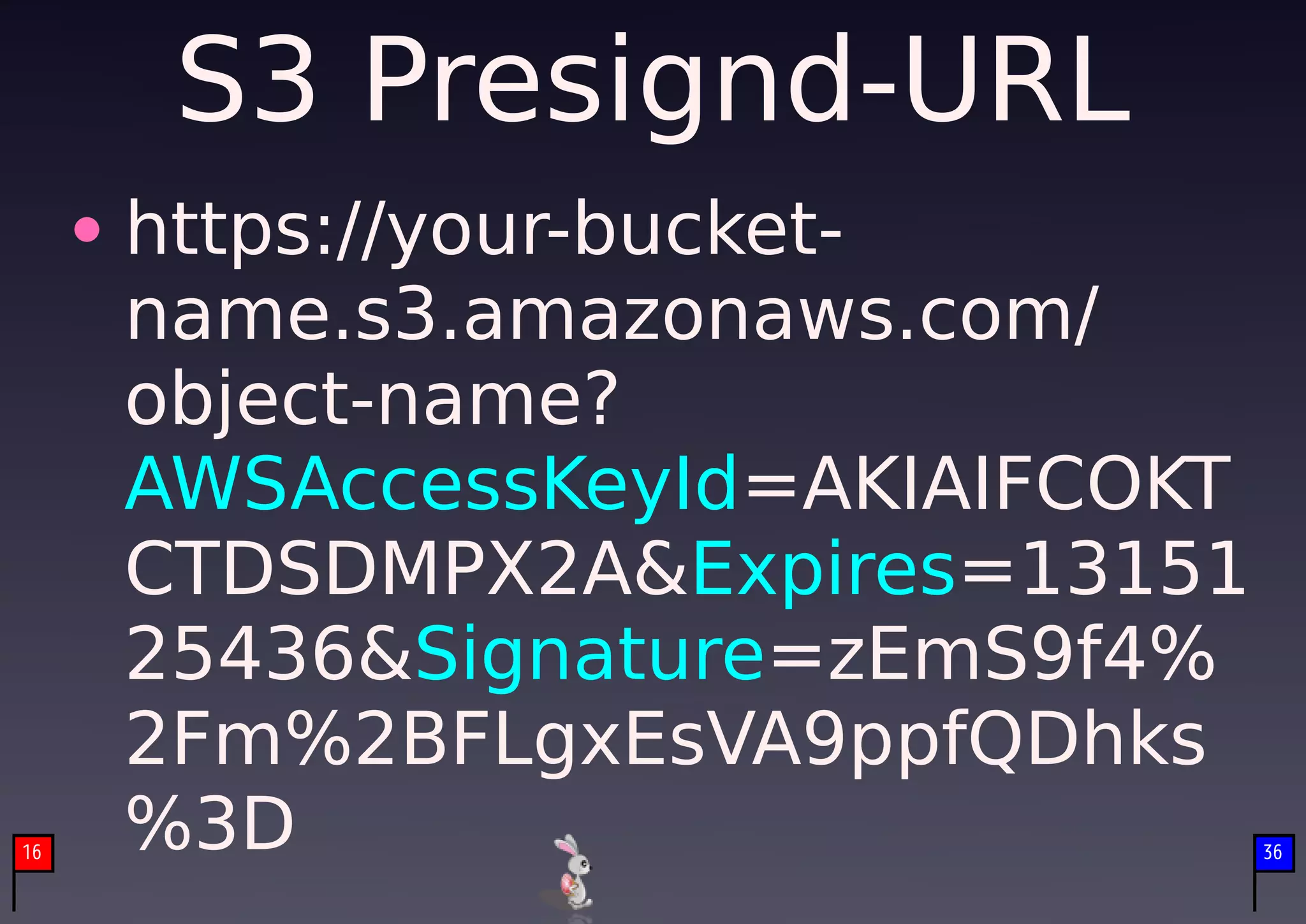 S3 Presignd-URL
     https://your-bucket-
     name.s3.amazonaws.com/
     object-name?
     AWSAccessKeyId=AKIAIFCOKT
     CTDSDMPX2A&Expires=13151
     25436&Signature=zEmS9f4%
     2Fm%2BFLgxEsVA9ppfQDhks
16   %3D                         36
 