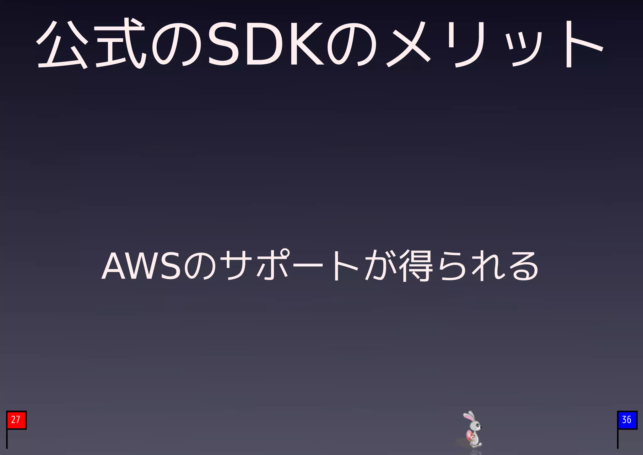 公式のSDKのメリット


      AWSのサポートが得られる



27                    36
 