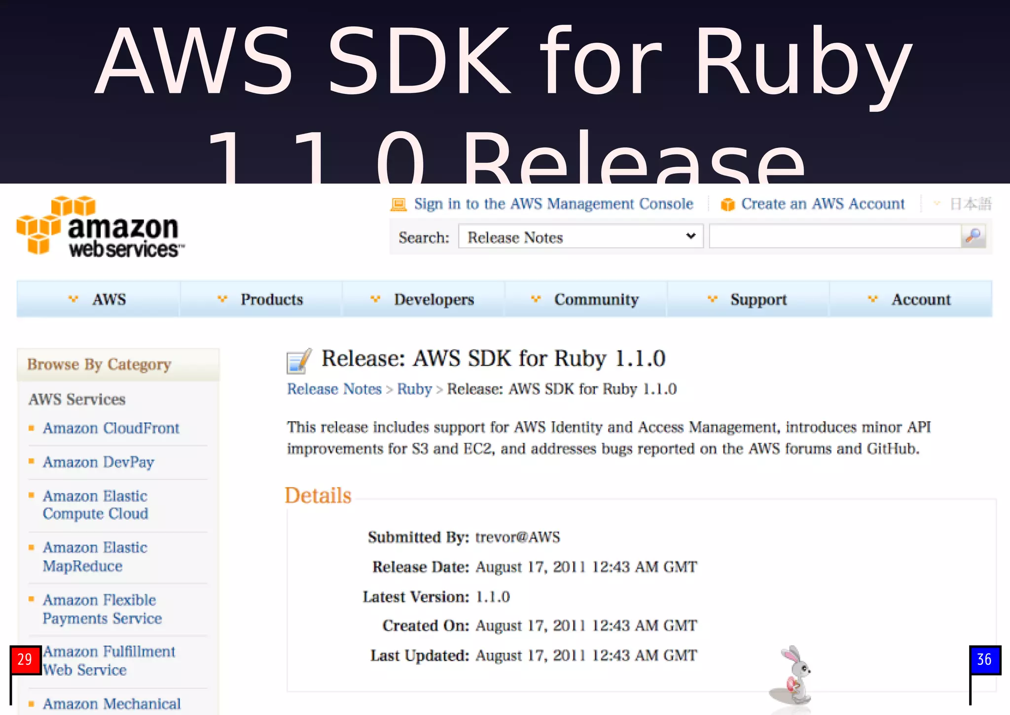 AWS SDK for Ruby
       1.1.0 Release




29                      36
 