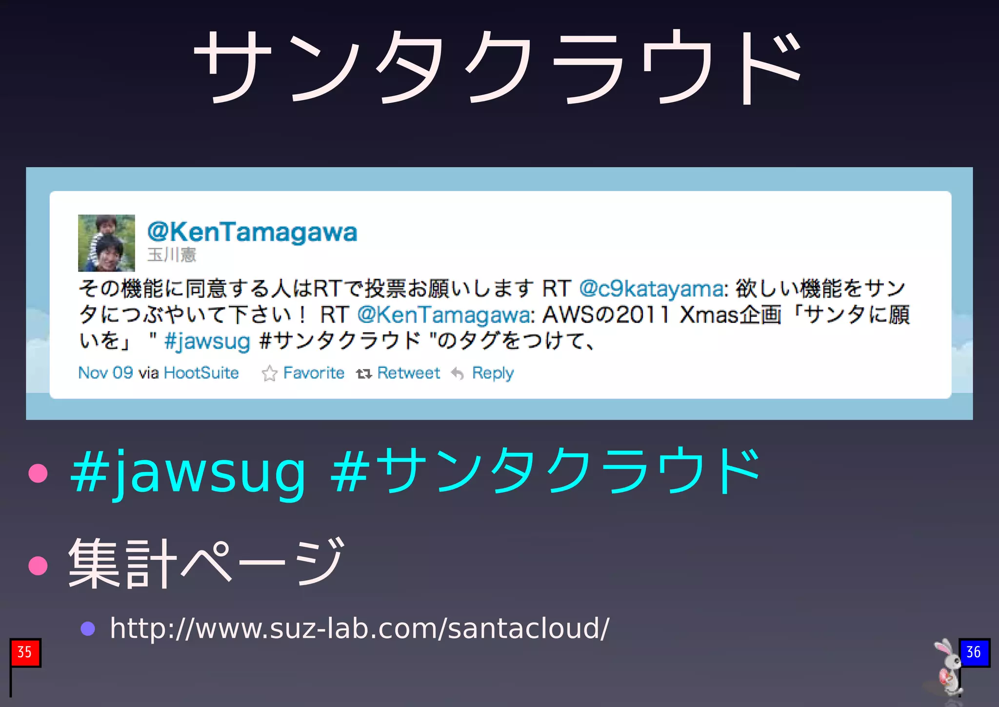 サンタクラウド



     #jawsug #サンタクラウド
     集計ページ
     http://www.suz-lab.com/santacloud/
35                                        36
 