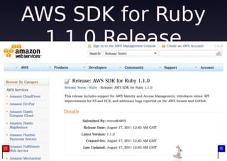 AWS SDK for Ruby
       1.1.0 Release




29                      36
 