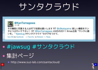サンタクラウド



     #jawsug #サンタクラウド
     集計ページ
     http://www.suz-lab.com/santacloud/
35                                        36
 