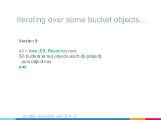 Iterating over some bucket objects…
Version 2:
s3 = Aws::S3::Resource.new
S3.bucket(name).objects.each do |object|
puts object.key
end
…another reason to use SDK v2
 