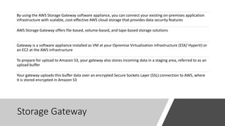 Storage Gateway
By using the AWS Storage Gateway software appliance, you can connect your existing on-premises application
infrastructure with scalable, cost-effective AWS cloud storage that provides data security features
AWS Storage Gateway offers file-based, volume-based, and tape-based storage solutions
Gateway is a software appliance installed as VM at your Opremise Virtualization infrastructure (ESX/ HyperV) or
an EC2 at the AWS infrastructure
To prepare for upload to Amazon S3, your gateway also stores incoming data in a staging area, referred to as an
upload buffer
Your gateway uploads this buffer data over an encrypted Secure Sockets Layer (SSL) connection to AWS, where
it is stored encrypted in Amazon S3
 