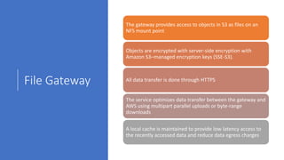 File Gateway
The gateway provides access to objects in S3 as files on an
NFS mount point
Objects are encrypted with server-side encryption with
Amazon S3–managed encryption keys (SSE-S3).
All data transfer is done through HTTPS
The service optimizes data transfer between the gateway and
AWS using multipart parallel uploads or byte-range
downloads
A local cache is maintained to provide low latency access to
the recently accessed data and reduce data egress charges
 