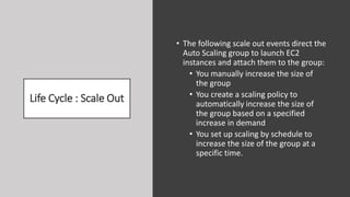 Life Cycle : Scale Out
• The following scale out events direct the
Auto Scaling group to launch EC2
instances and attach them to the group:
• You manually increase the size of
the group
• You create a scaling policy to
automatically increase the size of
the group based on a specified
increase in demand
• You set up scaling by schedule to
increase the size of the group at a
specific time.
 