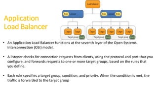 Application
Load Balancer
• An Application Load Balancer functions at the seventh layer of the Open Systems
Interconnection (OSI) model.
• A listener checks for connection requests from clients, using the protocol and port that you
configure, and forwards requests to one or more target groups, based on the rules that
you define.
• Each rule specifies a target group, condition, and priority. When the condition is met, the
traffic is forwarded to the target group
 