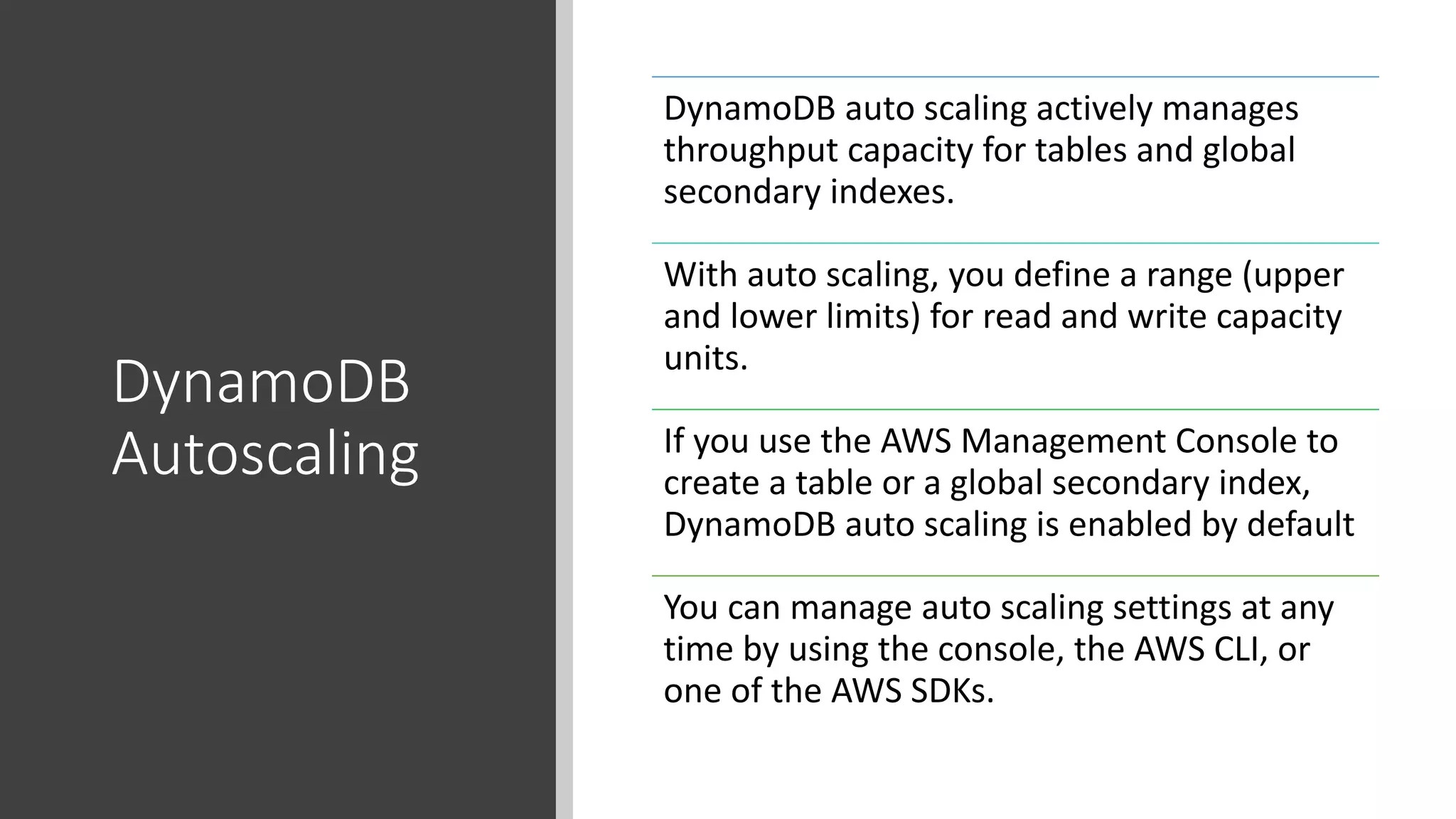 DynamoDB
Autoscaling
DynamoDB auto scaling actively manages
throughput capacity for tables and global
secondary indexes.
With auto scaling, you define a range (upper
and lower limits) for read and write capacity
units.
If you use the AWS Management Console to
create a table or a global secondary index,
DynamoDB auto scaling is enabled by default
You can manage auto scaling settings at any
time by using the console, the AWS CLI, or
one of the AWS SDKs.
 