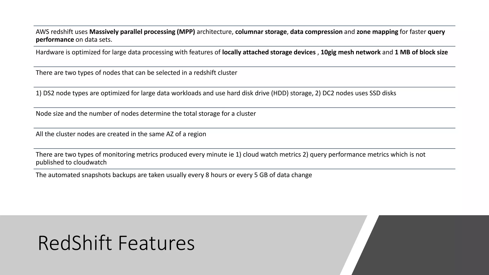 RedShift Features
AWS redshift uses Massively parallel processing (MPP) architecture, columnar storage, data compression and zone mapping for faster query
performance on data sets.
Hardware is optimized for large data processing with features of locally attached storage devices , 10gig mesh network and 1 MB of block size
There are two types of nodes that can be selected in a redshift cluster
1) DS2 node types are optimized for large data workloads and use hard disk drive (HDD) storage, 2) DC2 nodes uses SSD disks
Node size and the number of nodes determine the total storage for a cluster
All the cluster nodes are created in the same AZ of a region
There are two types of monitoring metrics produced every minute ie 1) cloud watch metrics 2) query performance metrics which is not
published to cloudwatch
The automated snapshots backups are taken usually every 8 hours or every 5 GB of data change
 