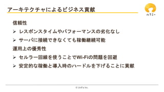 ©️ UniFa Inc.
アーキテクチャによるビジネス貢献
信頼性
 レスポンスタイムやパフォーマンスの劣化なし
 サーバに接続できなくても稼働継続可能
運用上の優秀性
 セルラー回線を使うことでWi-Fiの問題を回避
 安定的な稼働と導入時のハードルを下げることに貢献
 