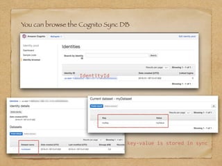 You can browse the Cognito Sync DB
IdentityId
key-value	is	stored	in	sync
 