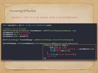 Accessing S3 bucket
Upload	a	file	to	a	S3	bucket	with	a	block(AWSTask).
 