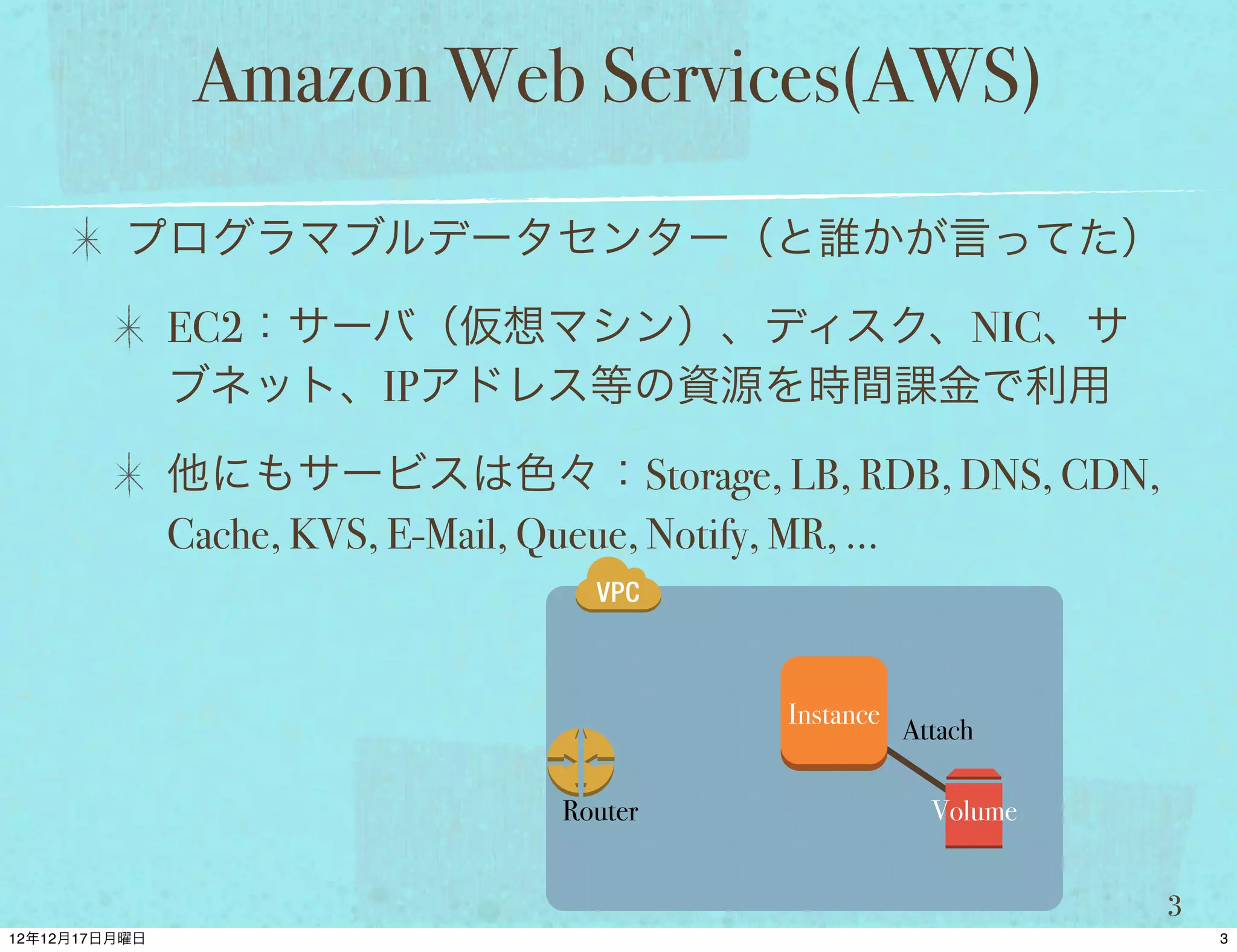 Amazon Web Services(AWS)
プログラマブルデータセンター（と誰かが言ってた）

EC2：サーバ（仮想マシン）、ディスク、NIC、サ
ブネット、IPアドレス等の資源を時間課金で利用

他にもサービスは色々：Storage, LB, RDB, DNS, CDN,
Cache, KVS, E-Mail, Queue, Notify, MR, ...



                          Instance
                                     Attach

                Router                 Volume


                                                3
 