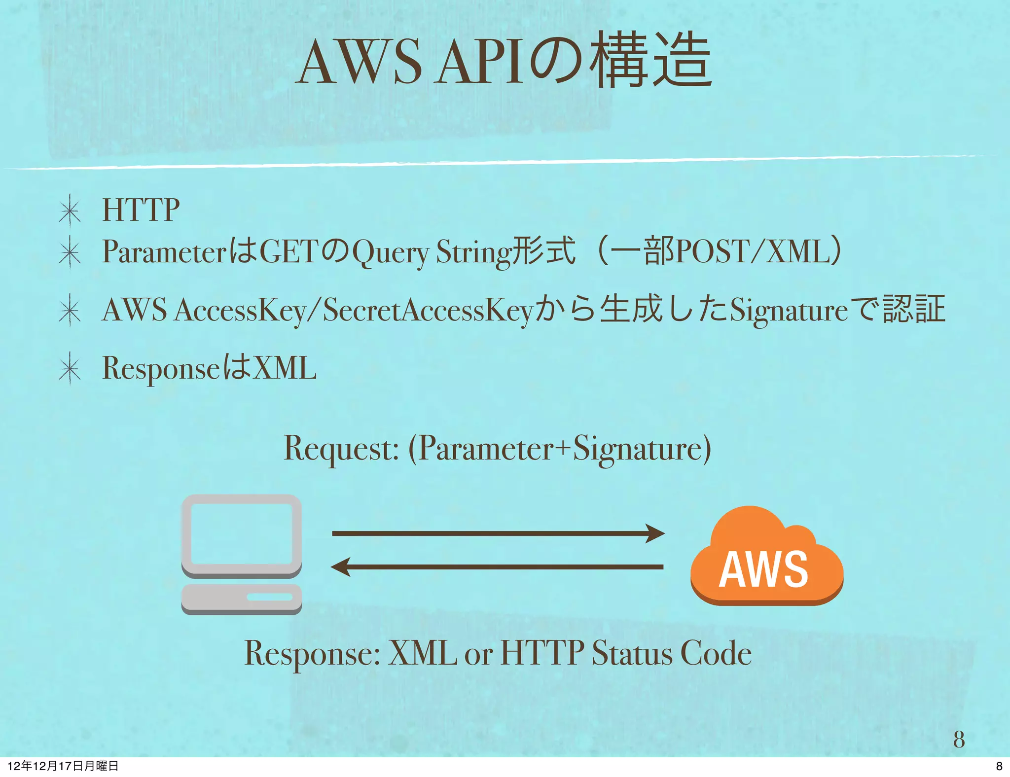 AWS APIの構造

HTTP
ParameterはGETのQuery String形式（一部POST/XML）
AWS AccessKey/SecretAccessKeyから生成したSignatureで認証
ResponseはXML

          Request: (Parameter+Signature)




       Response: XML or HTTP Status Code

                                                  8
 