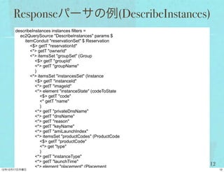 Responseパーサの例(DescribeInstances)
describeInstances instances filters =
  ec2QuerySource "DescribeInstances" params $
    itemConduit "reservationSet" $ Reservation
       <$> getT "reservationId"
       <*> getT "ownerId"
       <*> itemsSet "groupSet" (Group
          <$> getT "groupId"
          <*> getT "groupName"
          )
       <*> itemsSet "instancesSet" (Instance
          <$> getT "instanceId"
          <*> getT "imageId"
          <*> element "instanceState" (codeToState
             <$> getT "code"
             <* getT "name"
             )
          <*> getT "privateDnsName"
          <*> getT "dnsName"
          <*> getT "reason"
          <*> getT "keyName"
          <*> getT "amiLaunchIndex"
          <*> itemsSet "productCodes" (ProductCode
             <$> getT "productCode"
             <*> get "type"
             )
          <*> getT "instanceType"
          <*> getT "launchTime"
                                                     12
 