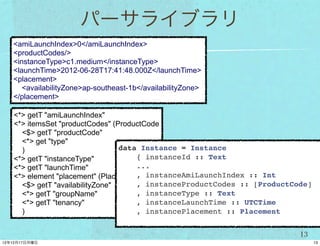 パーサライブラリ
<amiLaunchIndex>0</amiLaunchIndex>
<productCodes/>
<instanceType>c1.medium</instanceType>
<launchTime>2012-06-28T17:41:48.000Z</launchTime>
<placement>
   <availabilityZone>ap-southeast-1b</availabilityZone>
</placement>

<*> getT "amiLaunchIndex"
<*> itemsSet "productCodes" (ProductCode
  <$> getT "productCode"
  <*> get "type"
  )                           data Instance = Instance
<*> getT "instanceType"           { instanceId :: Text
<*> getT "launchTime"             ...
<*> element "placement" (Placement instanceAmiLaunchIndex :: Int
                                  ,
  <$> getT "availabilityZone"     , instanceProductCodes :: [ProductCode]
  <*> getT "groupName"            , instanceType :: Text
  <*> getT "tenancy"              , instanceLaunchTime :: UTCTime
  )                               , instancePlacement :: Placement


                                                                      13
 