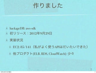 作りました


hackageDB: aws-sdk
初リリース：2012年9月29日

実装状況

  EC2: 85/141（私がよく使うAPIはだいたいできた）

  他プロダクト{ELB, RDS, CloudWatch}: 少々



                                     7
 