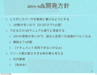aws-sdk開発方針

レスポンスパーサを簡単に書けるようにする
 API数が多いので（EC2だけで141個）
できるだけAPIマニュアル通りに実装する
 AWSの更新が多いので、凝ると変更への追随がつらくなる
 機能よりAPI数
 （ドキュメント流用できないかなぁ）
リソース数が膨大すぎる時の事も考える
 社内事情
 （気休め）

                               9
 
