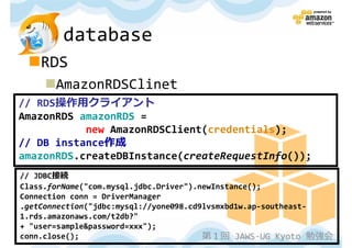 database
    RDS
       AmazonRDSClinet
// RDS操作用クライアント
AmazonRDS amazonRDS =
           new AmazonRDSClient(credentials);
// DB instance作成
amazonRDS.createDBInstance(createRequestInfo());
// JDBC接続
Class.forName("com.mysql.jdbc.Driver").newInstance();
Connection conn = DriverManager
.getConnection("jdbc:mysql://yone098.cd9lvsmxbd1w.ap-southeast-
1.rds.amazonaws.com/t2db?"
+ "user=sample&password=xxx");
conn.close();                           第１回 JAWS-UG Kyoto 勉強会
 