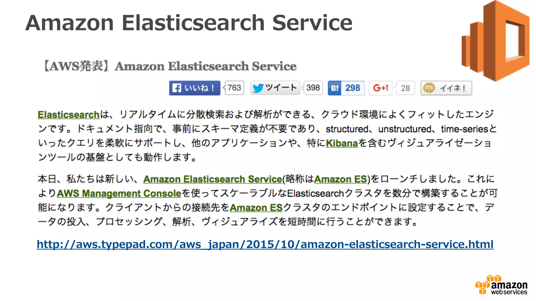 Amazon  Elasticsearch  Service
http://aws.typepad.com/aws_̲japan/2015/10/amazon-‐‑‒elasticsearch-‐‑‒service.html  
 