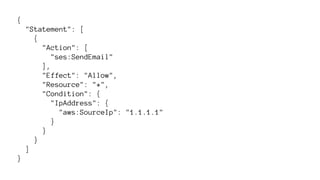 { 
"Statement": [ 
{ 
"Action": [ 
"ses:SendEmail" 
], 
"Effect": "Allow", 
"Resource": "*", 
"Condition": { 
"IpAddress": { 
"aws:SourceIp": "1.1.1.1" 
} 
} 
} 
] 
} 
 