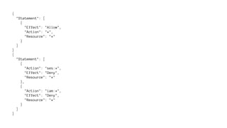 { 
"Statement": [ 
{ 
"Effect": "Allow", 
"Action": "*", 
"Resource": "*" 
} 
] 
} 
{ 
"Statement": [ 
{ 
"Action": "ses:*", 
"Effect": "Deny", 
"Resource": "*" 
}, 
{ 
"Action": "iam:*", 
"Effect": "Deny", 
"Resource": "*" 
} 
] 
} 
 