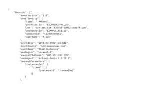 { 
"Records": [{ 
"eventVersion": "1.0", 
"userIdentity": { 
"type": "IAMUser", 
"principalId": "EX_PRINCIPAL_ID", 
"arn": "arn:aws:iam::123456789012:user/Alice", 
"accessKeyId": "EXAMPLE_KEY_ID", 
"accountId": "123456789012", 
"userName": "Alice" 
}, 
"eventTime": "2014-03-06T21:22:54Z", 
"eventSource": "ec2.amazonaws.com", 
"eventName": "StartInstances", 
"awsRegion": "us-west-2", 
"sourceIPAddress": "205.251.233.176", 
"userAgent": "ec2-api-tools 1.6.12.2", 
"requestParameters": { 
"instancesSet": { 
"items": [{ 
"instanceId": "i-ebeaf9e2" 
}] 
} 
}, 
 