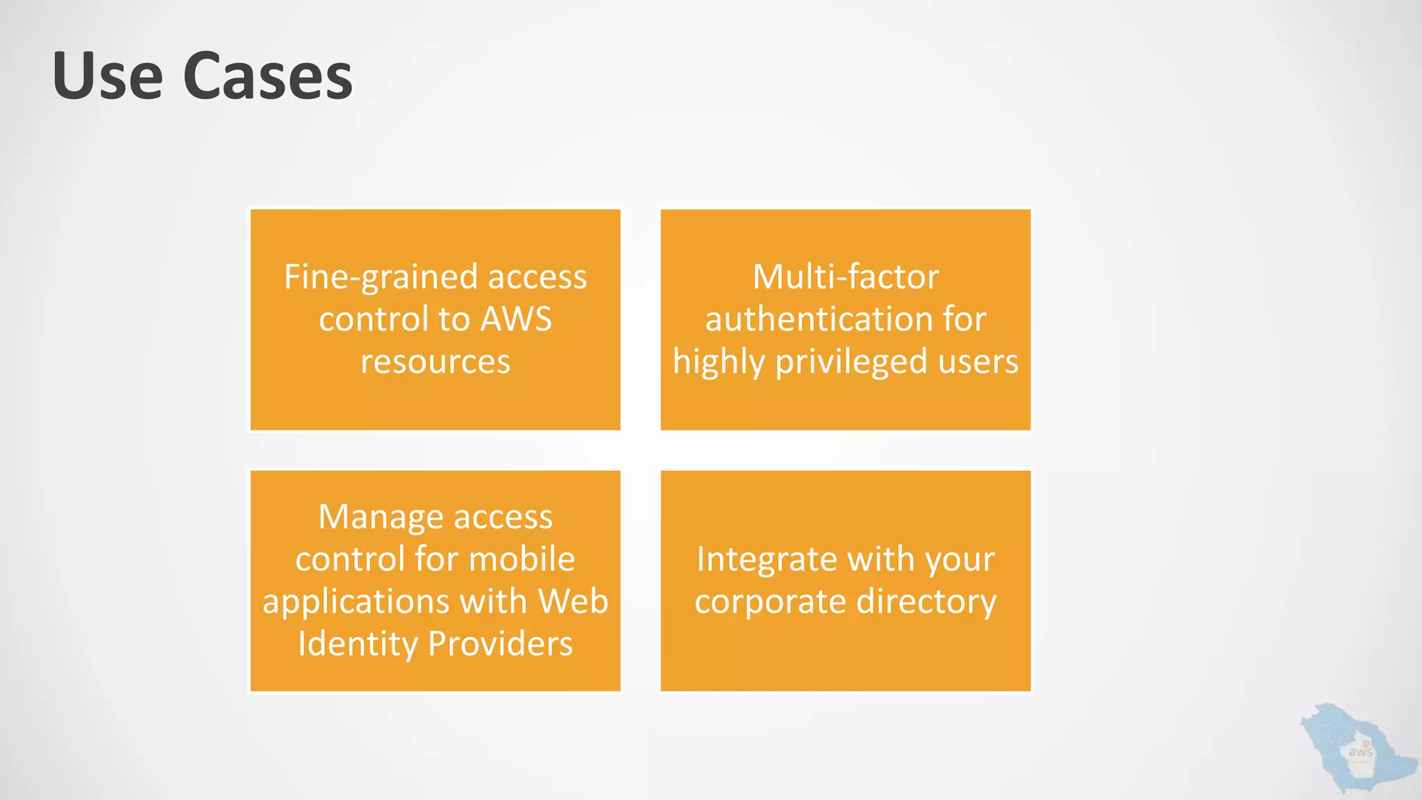 Use Cases
Fine-grained access
control to AWS
resources
Multi-factor
authentication for
highly privileged users
Manage access
control for mobile
applications with Web
Identity Providers
Integrate with your
corporate directory
 