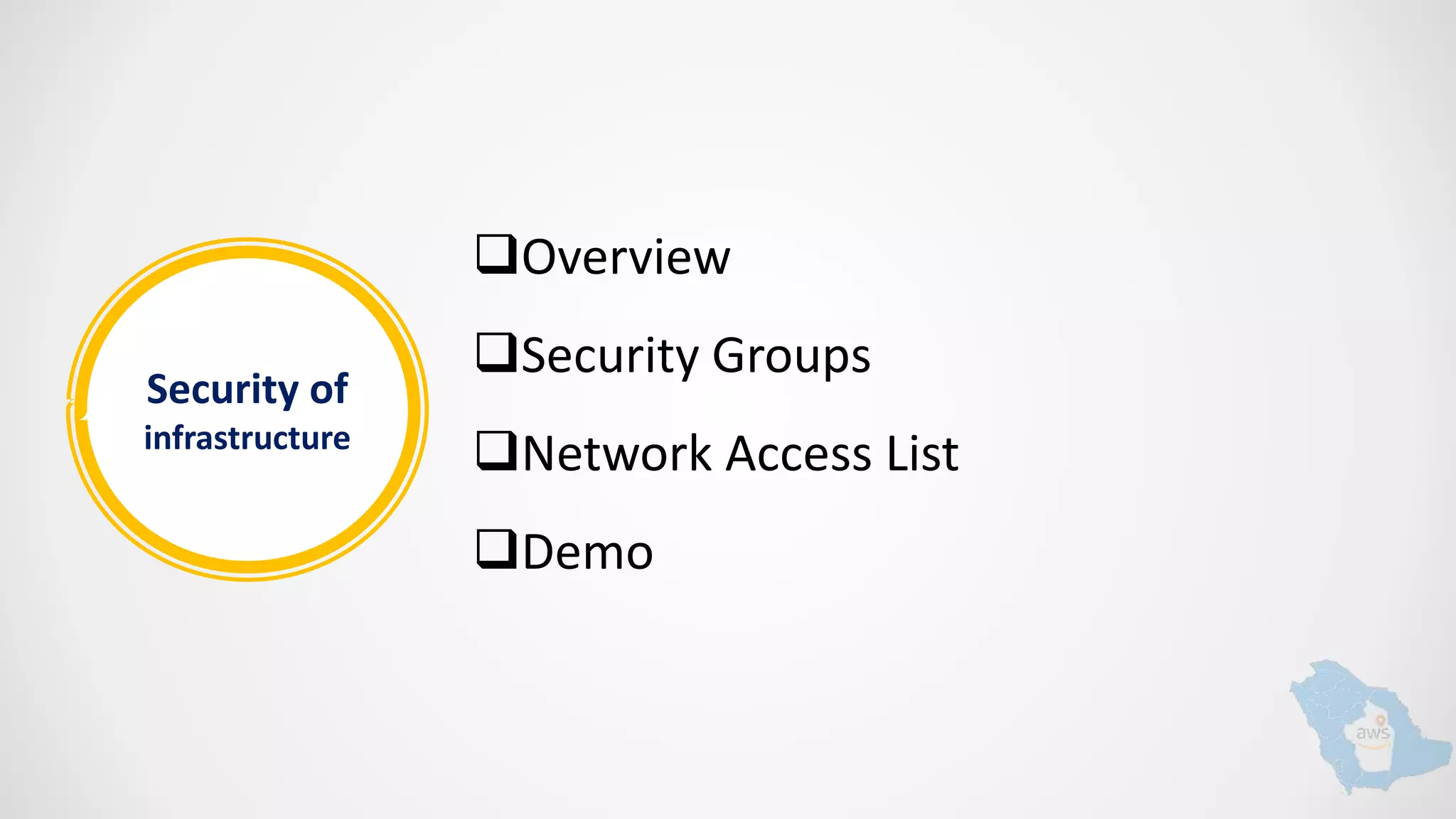 Security of
infrastructure
Overview
Security Groups
Network Access List
Demo
 
